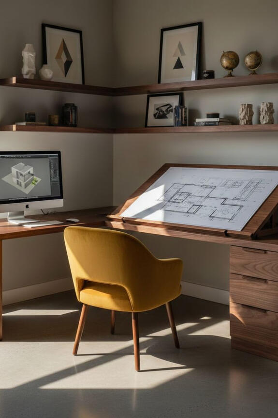Walnut L-Shaped Desk where the right side features an integrated. The Mustard Yellow velvet chair is centered. The floating shelves are decorated with abstract art and globes.