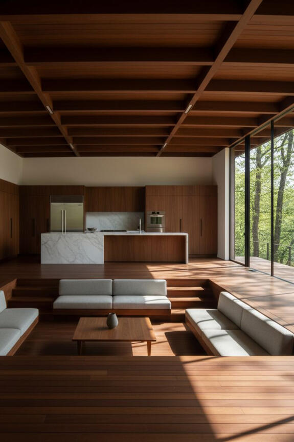 Room with a sunken seating area Including the entire floor, the high ceiling, and the transition to the kitchen. The architectural flow is defined by levels. Warm walnut tones and Minimalist geometry.