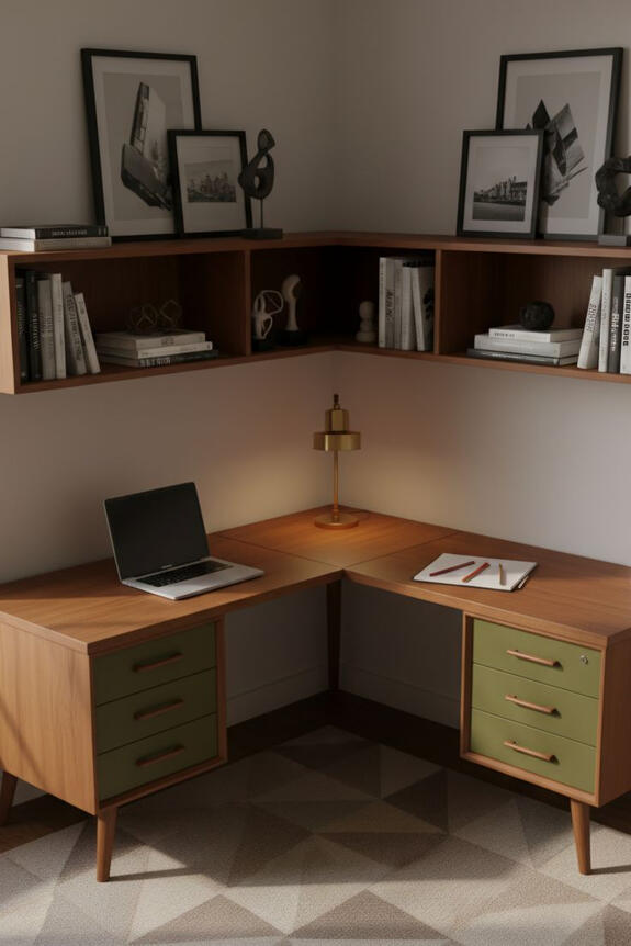 Mid-Century Modern Corner Desk Setup with the L-shaped teak desk system and olive green cabinets. The desktop is equipped with both a laptop and a small drawing pad. The wall shelves are built into the corner.