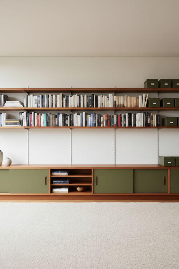 A Wide Shot of a long Mid-Century Modern Living/Study Wall. The center is dominated by a low, horizontal teak media console with sliding doors and olive green accents.