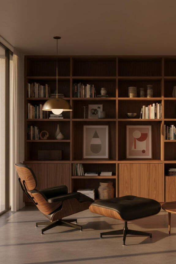 Mid-century condo study. Rich walnut modular shelving system spanning the entire wall. MCM lounge chair in black leather. Vintage ceramic decor and abstract art.
