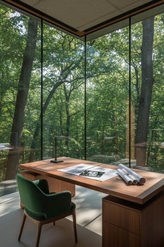 Atlanta forest modern office. A walnut desk is positioned against a corner-wrapped glass window that reveals a lush, deep green woodland. An Emerald Green velvet chair mirrors the outdoors.
