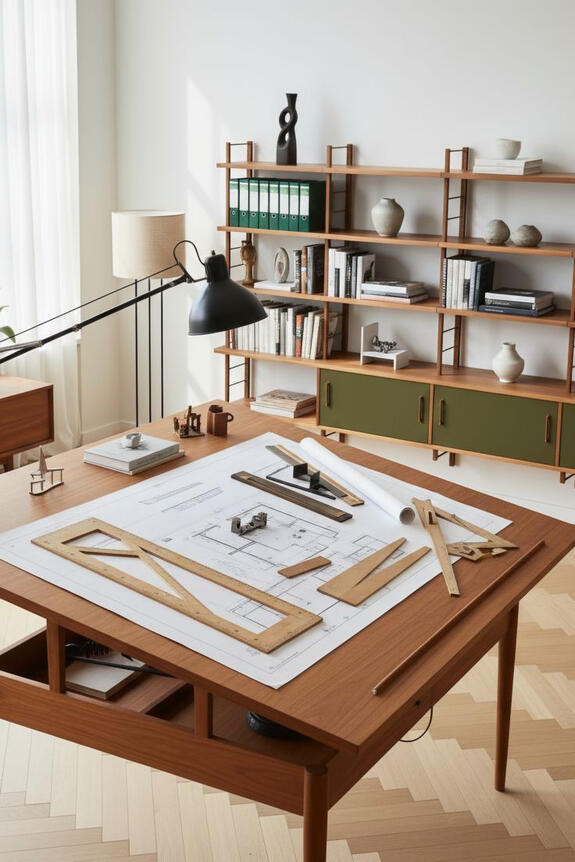 Architect's Mid-Century Modern Studio. The main focus is a large, tilted teak drafting table with tools and blueprints. A vintage industrial task lamp provides focused light. Teak wall system with olive green cabinets is visible in the background.